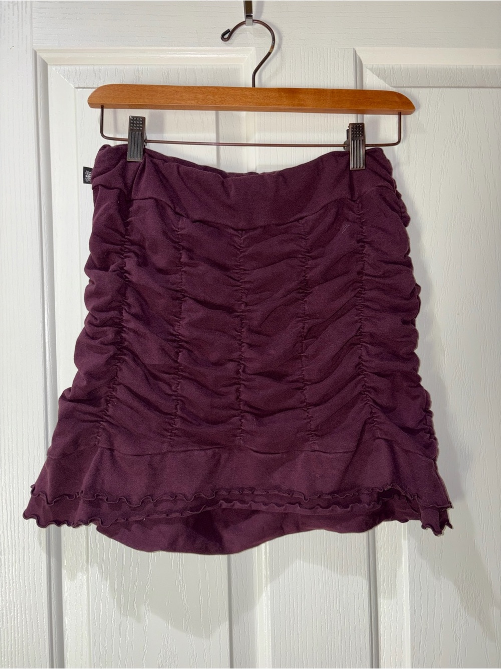 Nectar Creations Ruched Purple Mini Skirt with Ruffle Hem